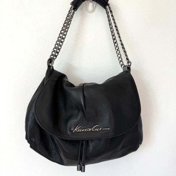 Kenneth Cole Black Leather Hobo Slouchy Shoulder Flap Bag-Chain Strap Boho Chic - Picture 1 of 15
